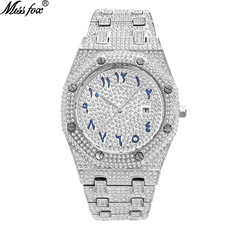 MISSFOX watch brand European and American hip-hop high-end full diamond waterproof calendar men's watch drop shipping