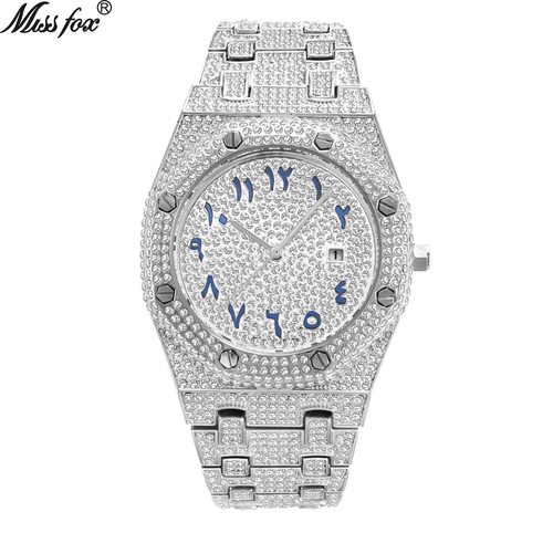 MISSFOX watch brand European and American hip-hop high-end full diamond waterproof calendar men's watch drop shipping