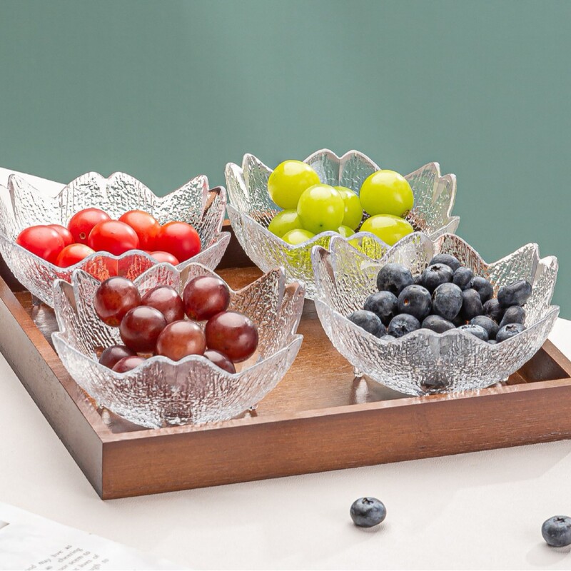 Glass Bowl Set with High-Looking Petal Fruit Plate, Transparent Gold-Rimmed Amber Ash 3/5/7 Piece Set Optional + Bamboo Tray