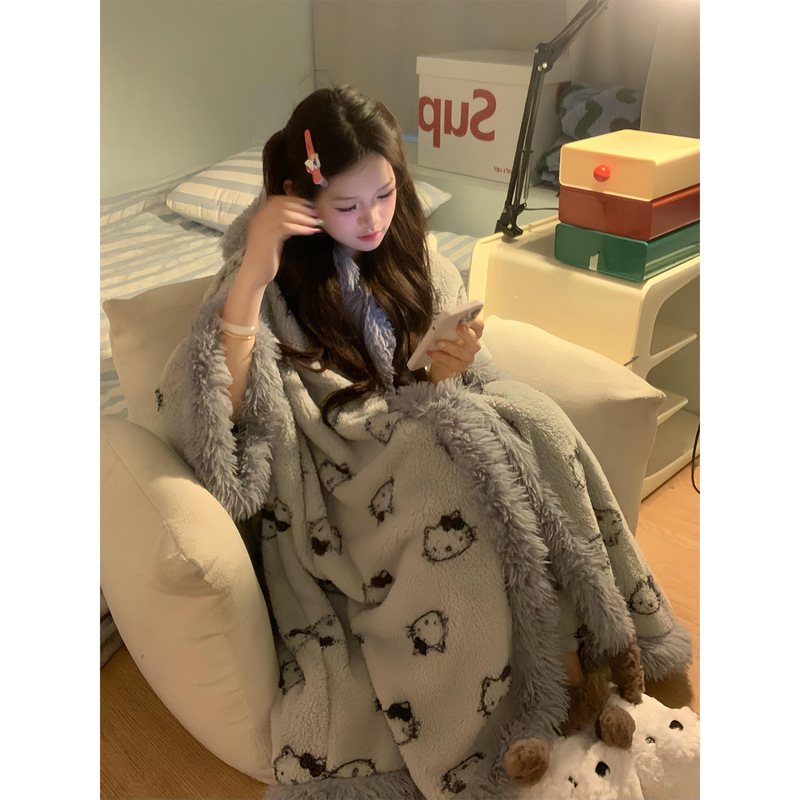 kitty猫珊瑚绒睡衣女秋冬季新款加厚保暖连帽斗篷睡裙家居服套装|undefined