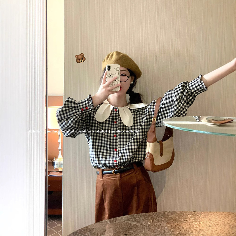 2026 New Year "New Art School Students" Original Artistic Petal Collar Design Japanese Retro Plaid Shirt