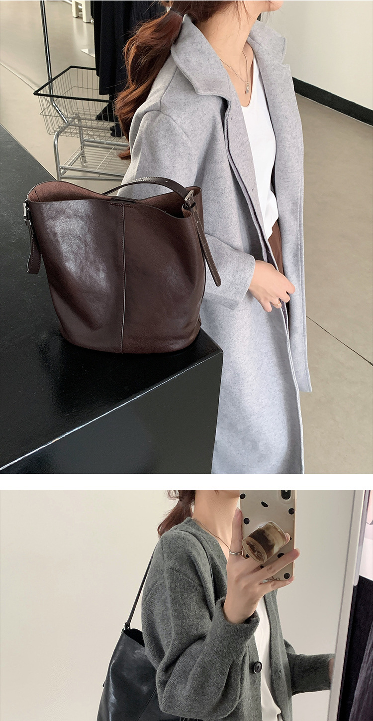 【 Vera pelle da donna 】 Borsa a secchiello monospalla in pelle bovina conciata al vegetale leggera e di lusso alla moda, sensoriale di alta qualità_voghion.com