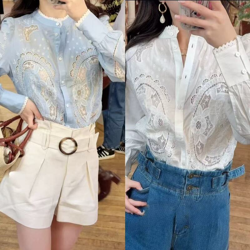Nanyou Long-Sleeved T-Shirt 2026 Spring and Summer New Embroidered Lace Cut Out Round Neck Slimming Look Top Shirt for Women Nanyou Long-Sleeved T-Shirt 2026 Spring and Summer New Embroidered Lace Cut Out Round Neck Slimming Look Top Shirt for Women