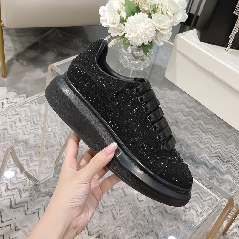 Rhinestone-Embellished Mcqueen White Sneakers with Genuine Leather and Rhinestone Detailing, Platform Thick Sole, Height-Increasing, Unisex Couple Shoes, Comfortable and Versatile Rhinestone-Embellished Mcqueen White Sneakers with Genuine Leather and Rhinestone Detailing, Platform Thick Sole, Height-Increasing, Unisex Couple Shoes, Comfortable and Versatile