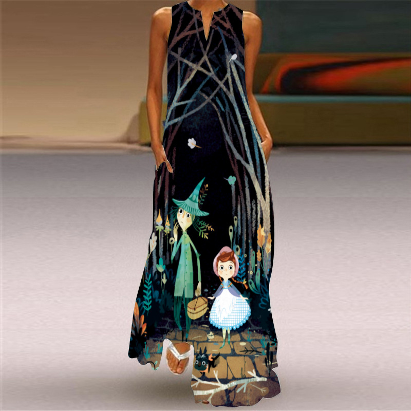2024 mujeres de verano de moda sexy Impresión digital con cuello en V sin mangas vestido largo bolsillo europeo y americano vestido S-5XL