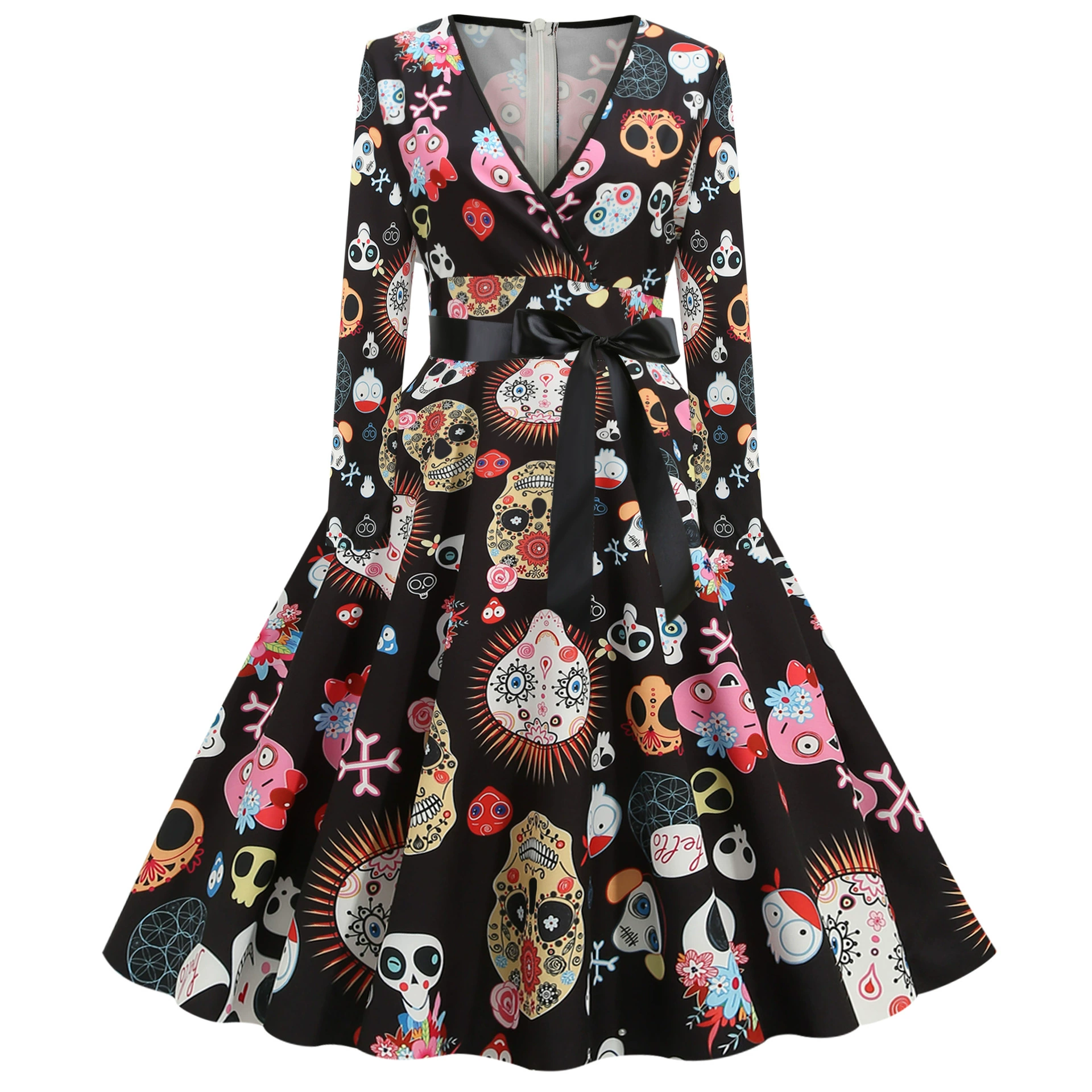 Настоящий выстрел на складе 20,21 миллиона священный фестиваль нового цифрового принта с V-образным вырезом и длинными рукавами, большой пояс для платья