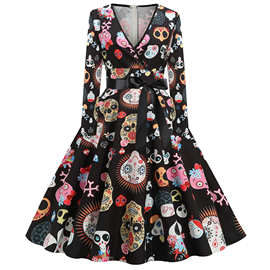 实拍现货2021万圣节新款数码印花V领长袖大摆连衣裙送腰带