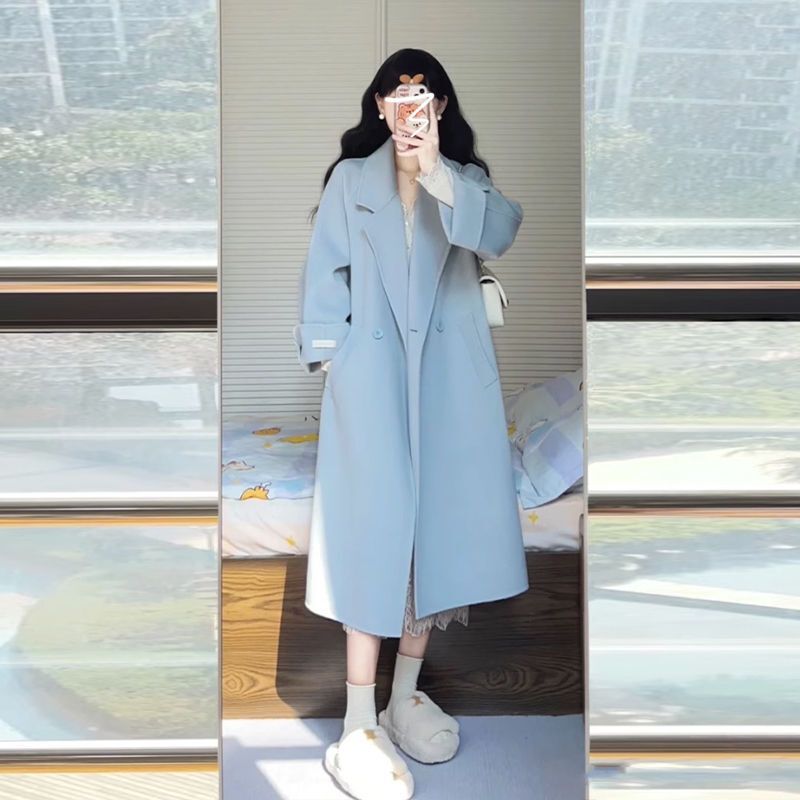 韩系高级感蓝色呢子大衣女秋冬季2025新爆款小个子毛呢外套中长款|undefined