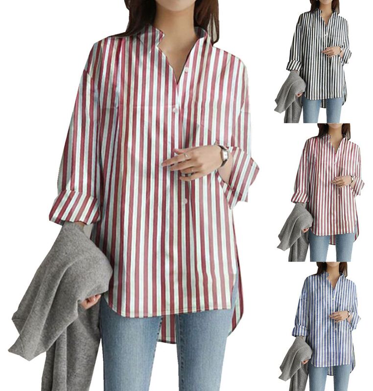 Temu Amazon cross-border AliExpress eaby autumn and winter vertical striped long sleeve modern style women's shirt