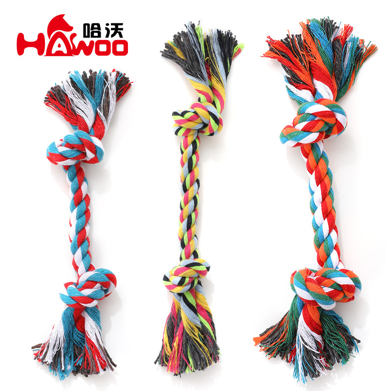 Hawo cuerda de algodón de doble nudo cuerda de mordida de perro mascota al por mayor mordedor nudo de perro juguete interactivo resistente a mordeduras suministros para mascotas