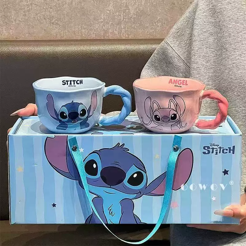 Керамическая чайная чашка (Disney Stitch) набор 380 мл, подарочная коробка с рисунком Стич и Энджел