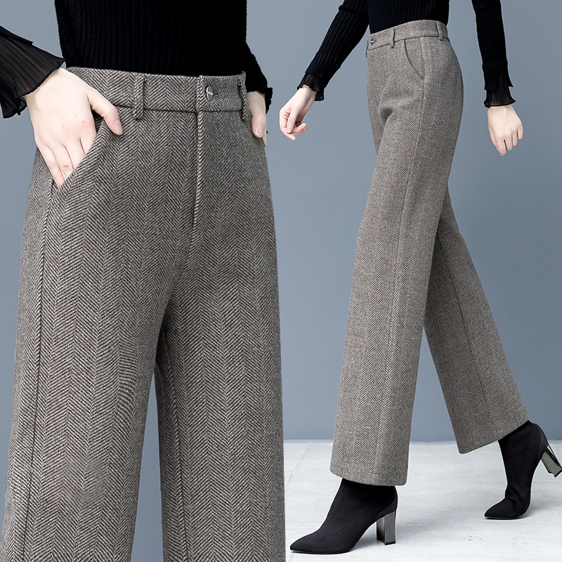 Woolen Wide-Leg Pants for Women 2026 Autumn and Winter New Fashion High-Waisted Herringbone Pattern Loose Straight-Leg Fleece-Lined Casual Pants