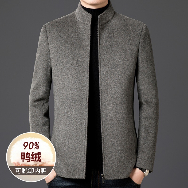 Men's Double-Sided Wool Jacket Winter Thickeneded Stand-Up Collar Removable down Liner Casual Warm Woolen Jacket