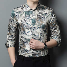 新款桑蚕丝衬衫男士长袖春秋季中年时尚印花翻领真丝男衬衣中国风