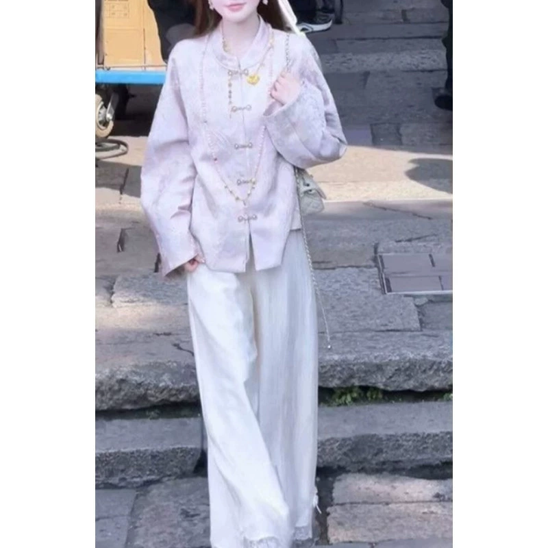 Новая куртка в китайском стиле с тиснением фиолетовой феи и высококачественным ощущением, комплект прямых брюк из ацетатного кружева в национальном стиле с лунной клеткой и песком.