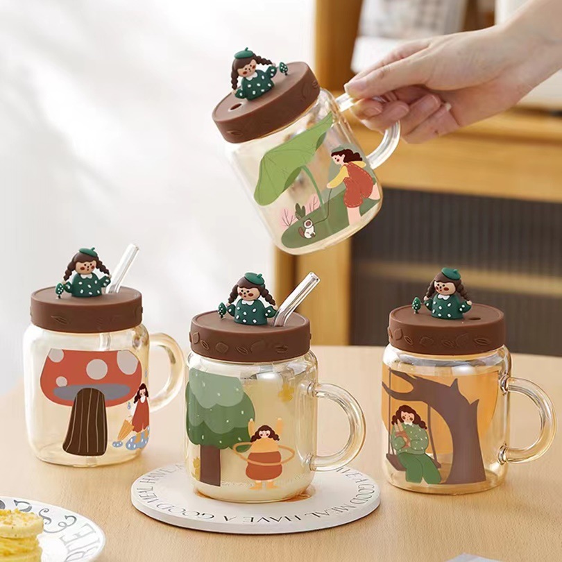 Creativo lindo niña muñeca vidrio con tapa de paja taza de agua de alto aspecto de jugo de leche taza del hogar