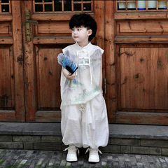 男の子韓服スーツ 2025 新しい子供の夏薄い新しい中国風のハンサムなノースリーブ 2 点セットベビー唐装