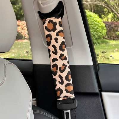 Cartoon car seatbelt shoulder pad leopard print cat car shoulder protector anti-neck strangulation protective cover car interior decoration accessories (Seat belt shoulder pad) - linen-leopard-print-shoulder-pad-in-brown