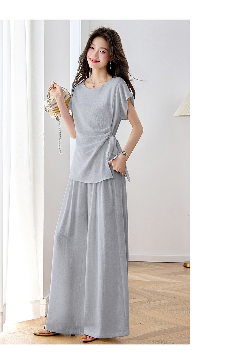 Bộ áo thun cổ tròn nơ buộc kết hợp quần ống rộng nữ 2 món — xanh lam, màu kaki, màu trắng ngà chi tiết 25