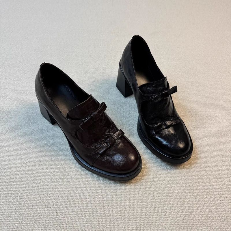 Elegant and Playful Version ~ 8cm Silent Round Toe Thick High Heel Bow Simple High-Heeled Slip-On Lazy Loafers