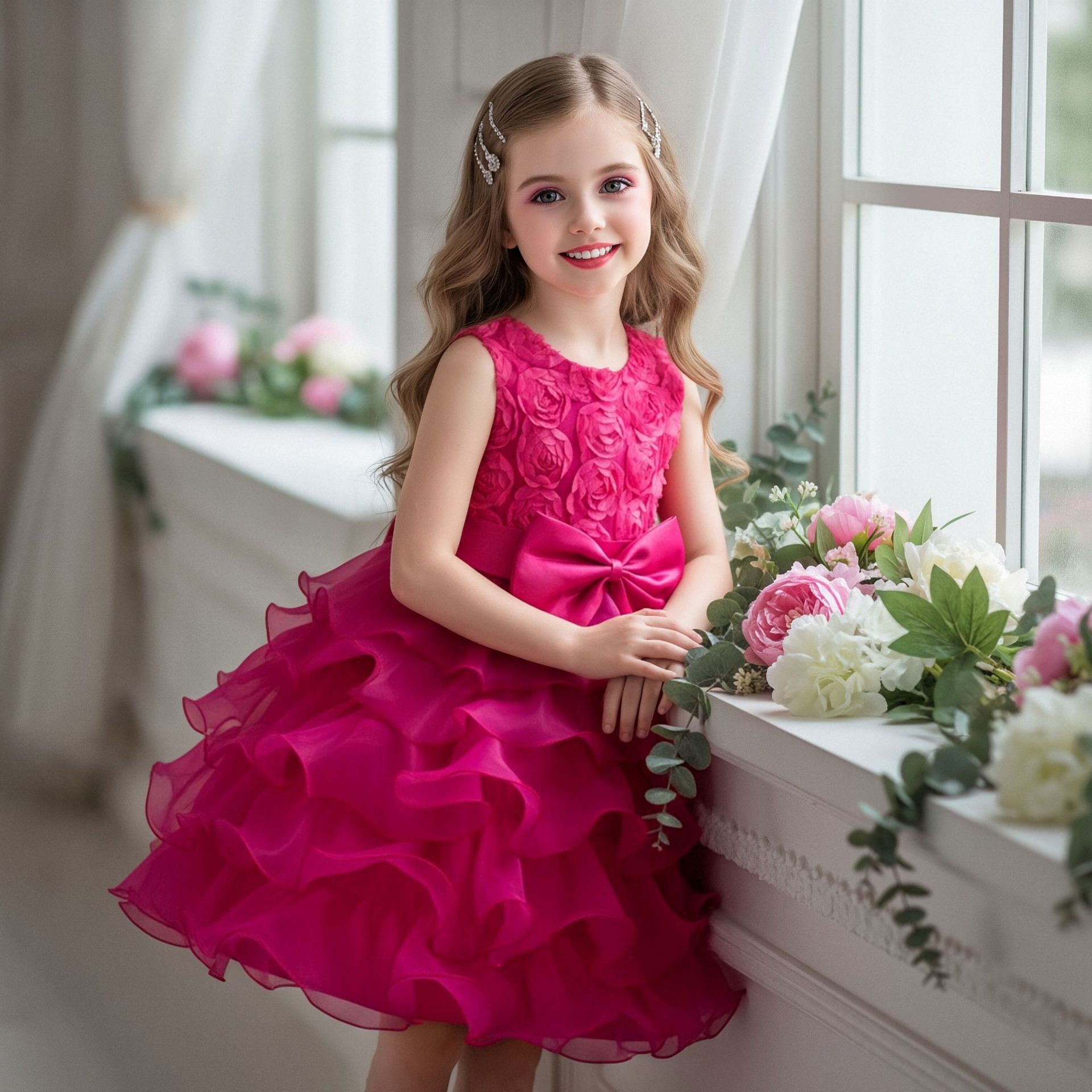 European and American Hot Selling Children's Dress Flower Children's Mesh Cake Dress Girl's Princess Dress Girl's One Year Old Dress