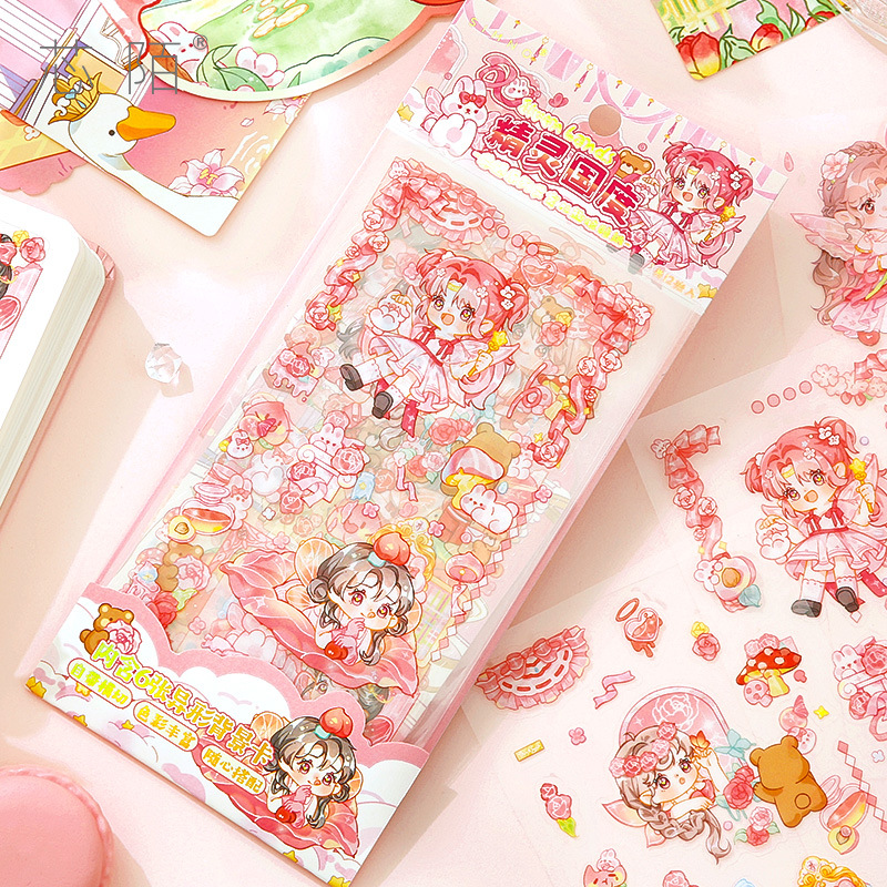 Xinmosin encounters a series of Emier 6 pieces of PET fun sticker self -cutting cute character hand account material