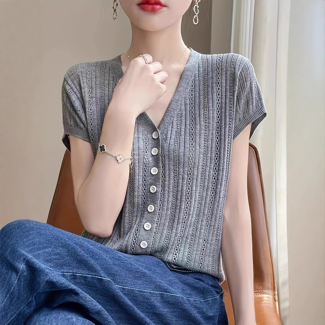 Cross-Border 2025 Spring and Summer New Style V Neck Button Outer Cardigan for Women, Elegant, Western Style, Simple and Slimming Look Knitted Short Sleeves