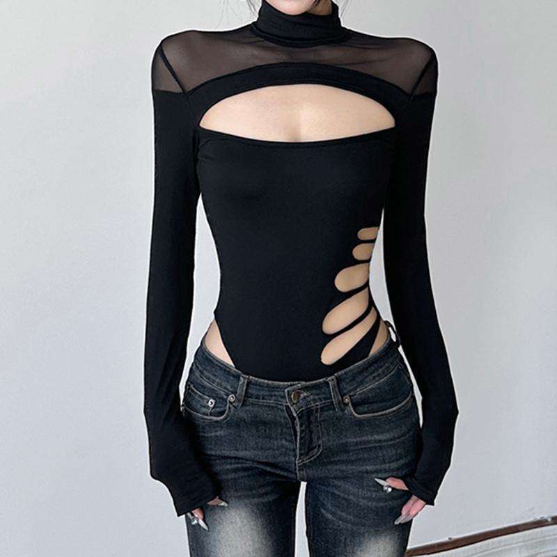 불규칙한 블랙 섹시 스파이스 걸 할로우 허리없는 올인원 여성용 하이 칼라 메쉬 슬림 핏 긴팔 탑 티셔츠