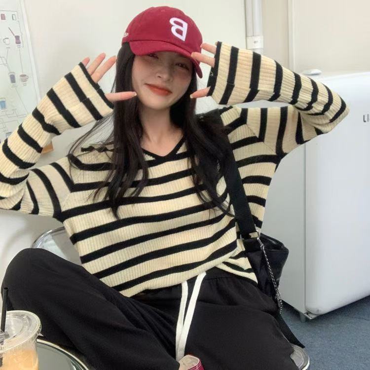 条纹针织衫女秋季新款洋气内搭打底衫设计感小众长袖宽松上衣|undefined