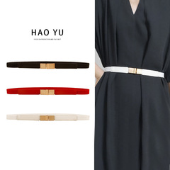 Square buckle belt for women, decorative waist sash for skirts, retro elastic tension thin belt, versatile simple waist cincher