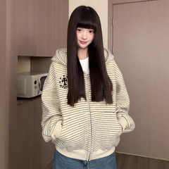 美式刺绣条纹连帽卫衣女2025新款秋季宽松初中生拉链帽衫外套上衣