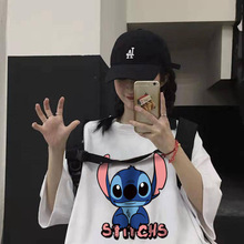 纯棉后包领 韩版卡通史迪仔印花T恤男女款情侣装宽松百搭短袖ins
