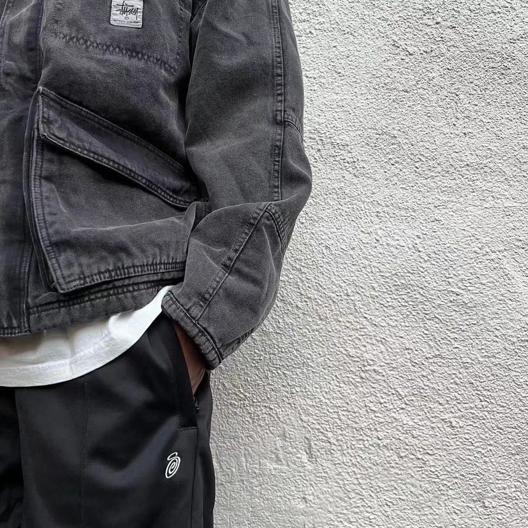 De alta calidad stu Washed Canvas vintage lavada chaqueta de solapa cremallera chaqueta suelta pareja