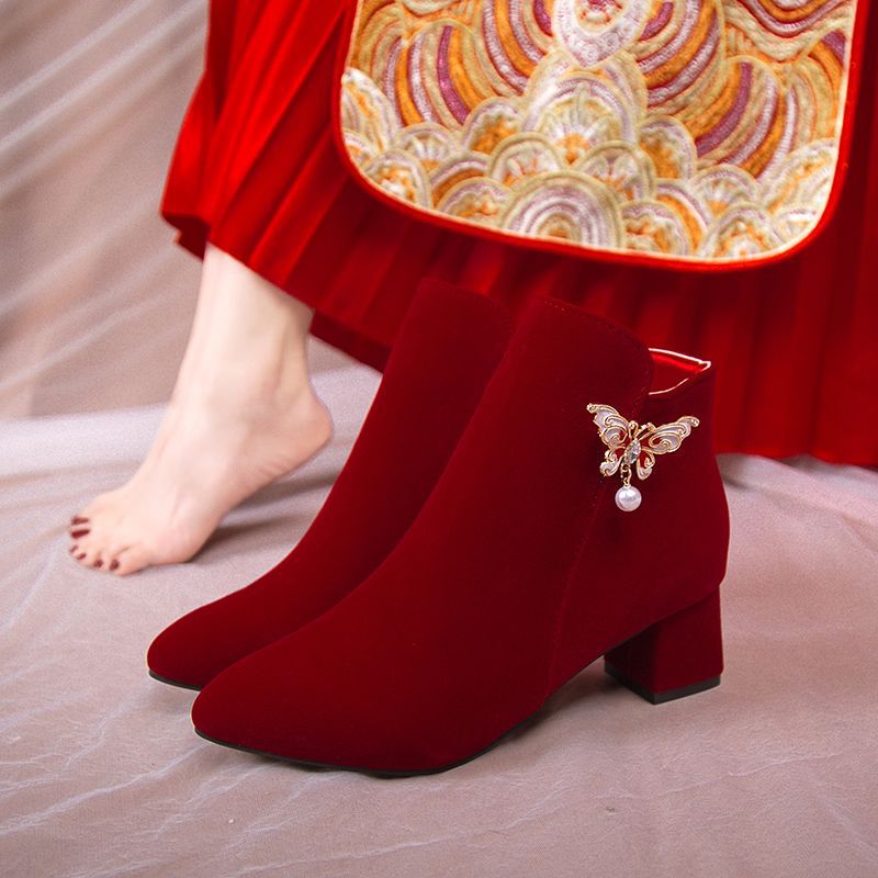 Winter Wedding Shoes for Women, Burgundy Wedding Boots, Flat Wedding Shoes, Thick Heels for Pregnant Women, Large Size Bridal Shoes, Autumn and Winter Short Boots, Winter
