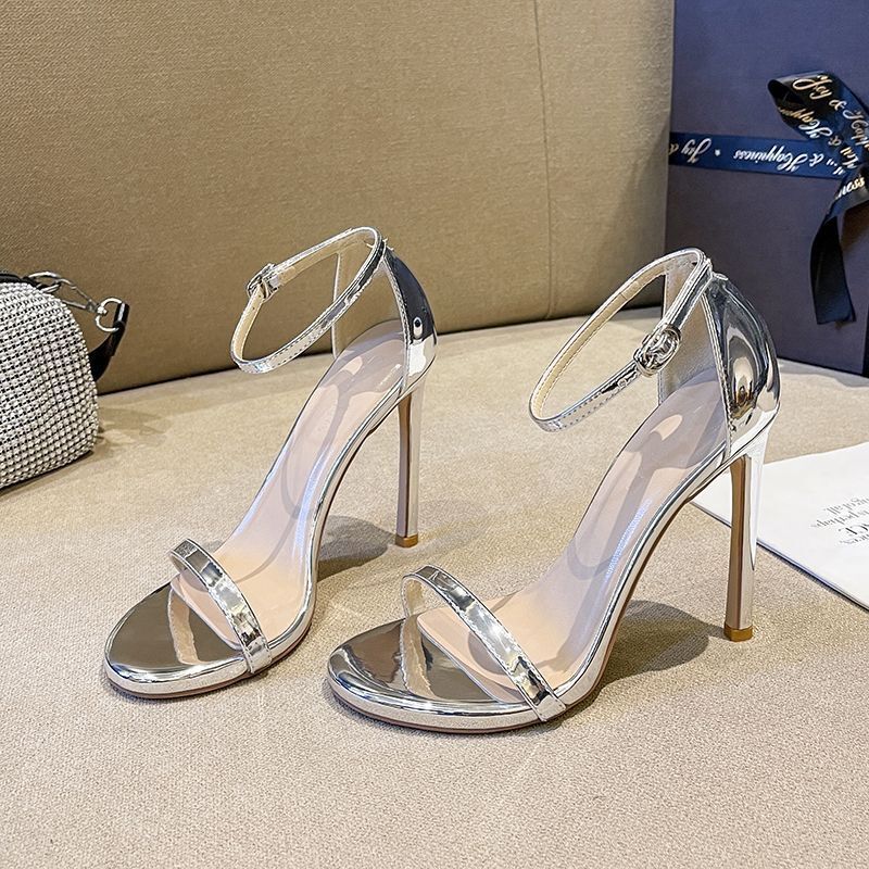 Black Beautiful One-Line High-Heeled Shoes for Women 2025 New Summer Elegant Ladies Stiletto Silver Open-Toe Sandals
