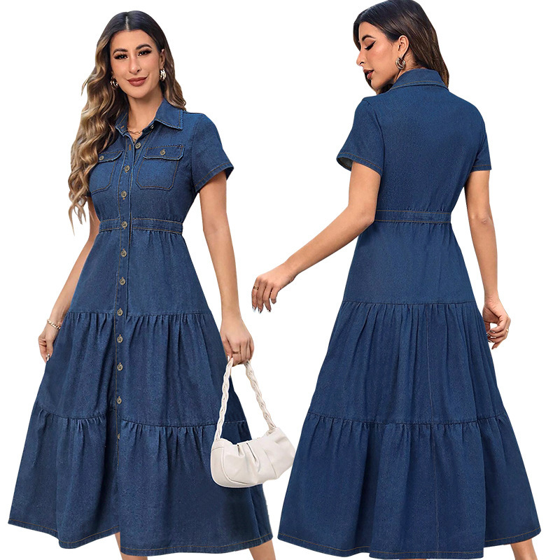 F218510 cross-border plus size women's women's lapel button long pocket short sleeve long dress source work