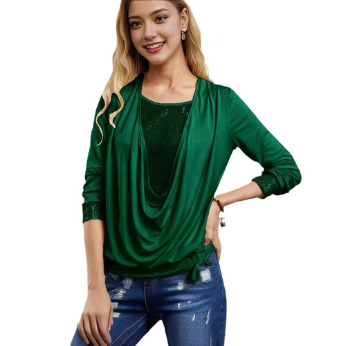 2025 Spring European and American Beaded Contrast Solid Color Long-Sleeve Women's Top with Large Collar Loose Pleated False Two-Piece Top