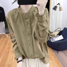 棉麻长袖衬衫女上衣减龄百搭复古立领拼接纯色打底衬衣宽松外套春