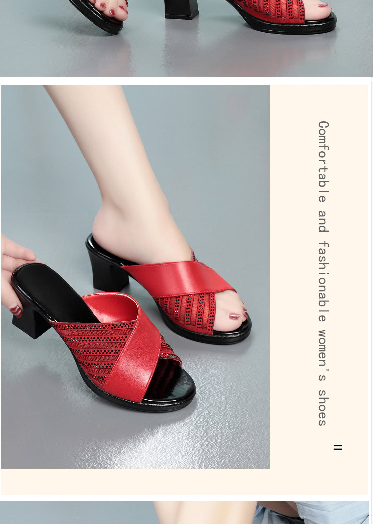 Sandal cao gót nữ đính đá quai ngang mũi hở, gót vuông 9 cm — màu đen chi tiết 10