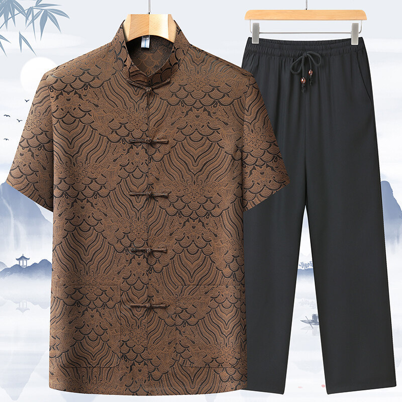 New Chinese Style Tang Suit Men's Summer Thin Short-Sleeved Suit Middle-Aged and Elderly Chinese Style Hanfu Grandpa Tai Chi Suit Summer