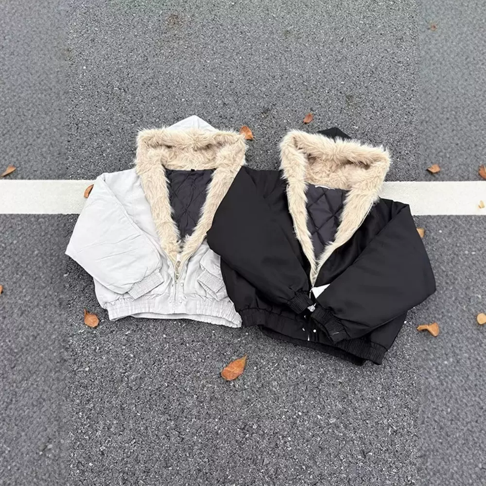 座山雕连帽毛领棉服男款冬季设计感美式高街cleanfit短款棉衣外套