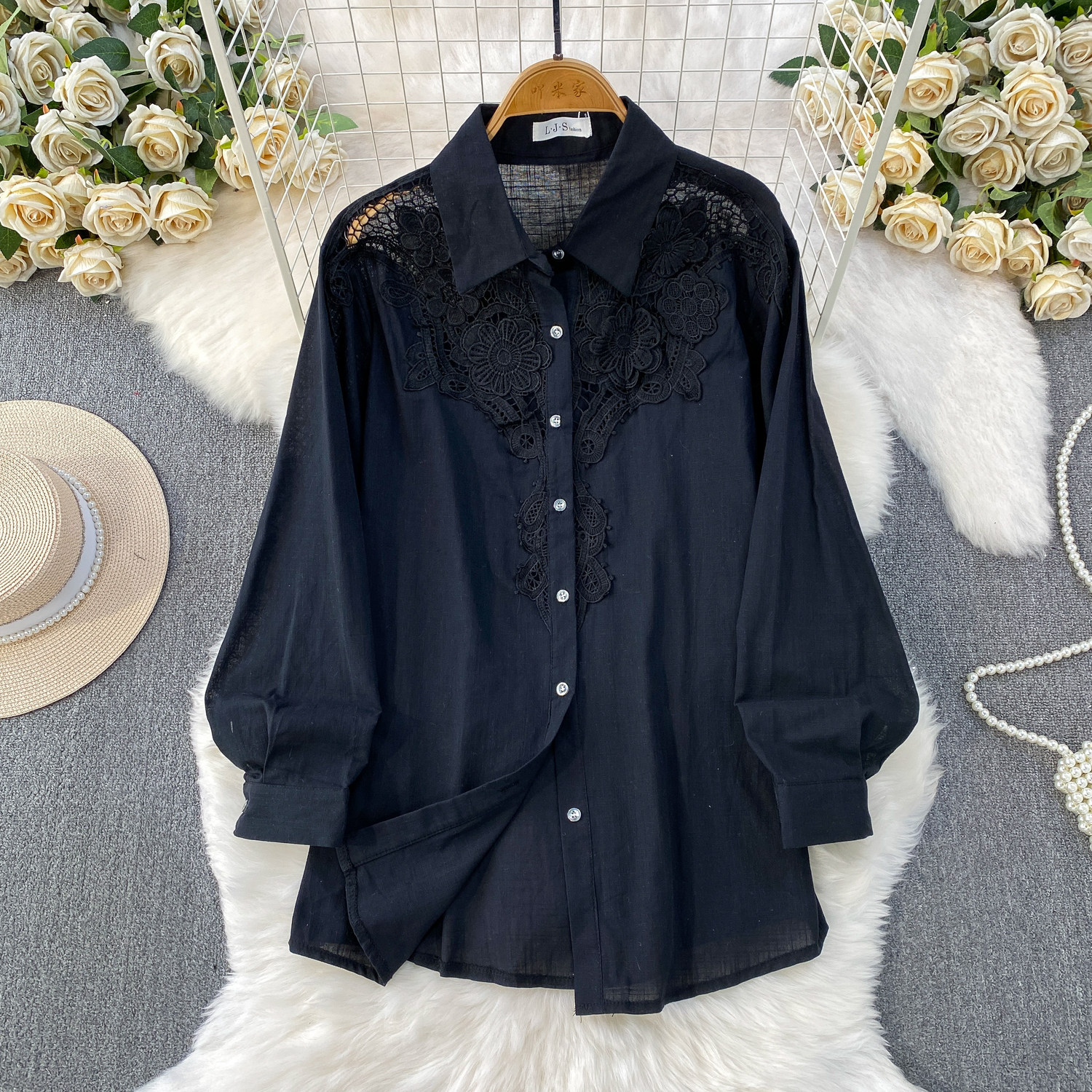 Women's Floral Collared Shirt Breathable Lace Top mid Length Cardigan Coat Casual Style Sun Protection Gentle Hollowed out for Spring And Autumn_ecoleips.com