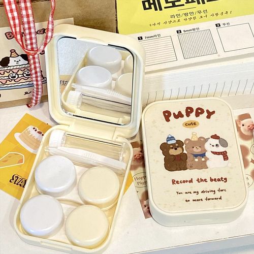 Cute original new milky white bear buddy double box multi-pack winter style contact lens box with mirror