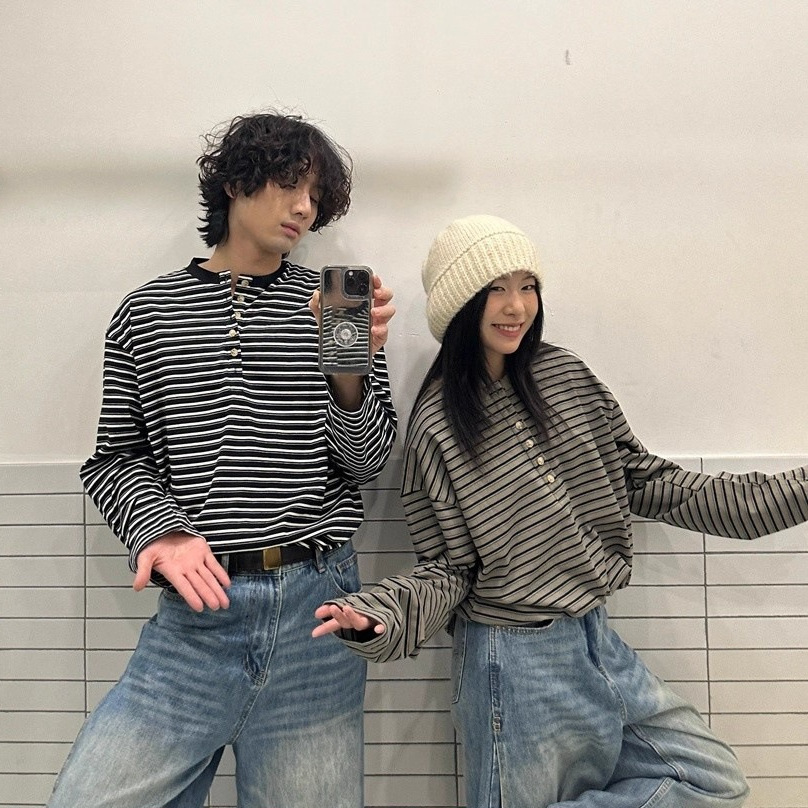 美式复古亨利领条纹长袖t恤2025新款春秋季高级感情侣打底衫上衣