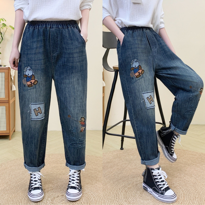 文学レトロ花刺繍ストレッチジーンズ女性の春夏の新しいルーズプラスサイズスリム多用途ハーレムパンツ|undefined