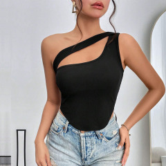 Cross-border European and American fashion 2024 new slim-fitting ultra-short irregular hem slanted shoulder wrap vest hollow top