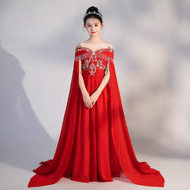 女童古筝演出服2025年新款红色国风飘袖民乐礼服小女孩古筝服批发