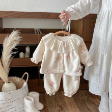 点兮2025秋冬新款婴幼儿毛毛家居服套装女宝宝翻领上衣裤子两件套