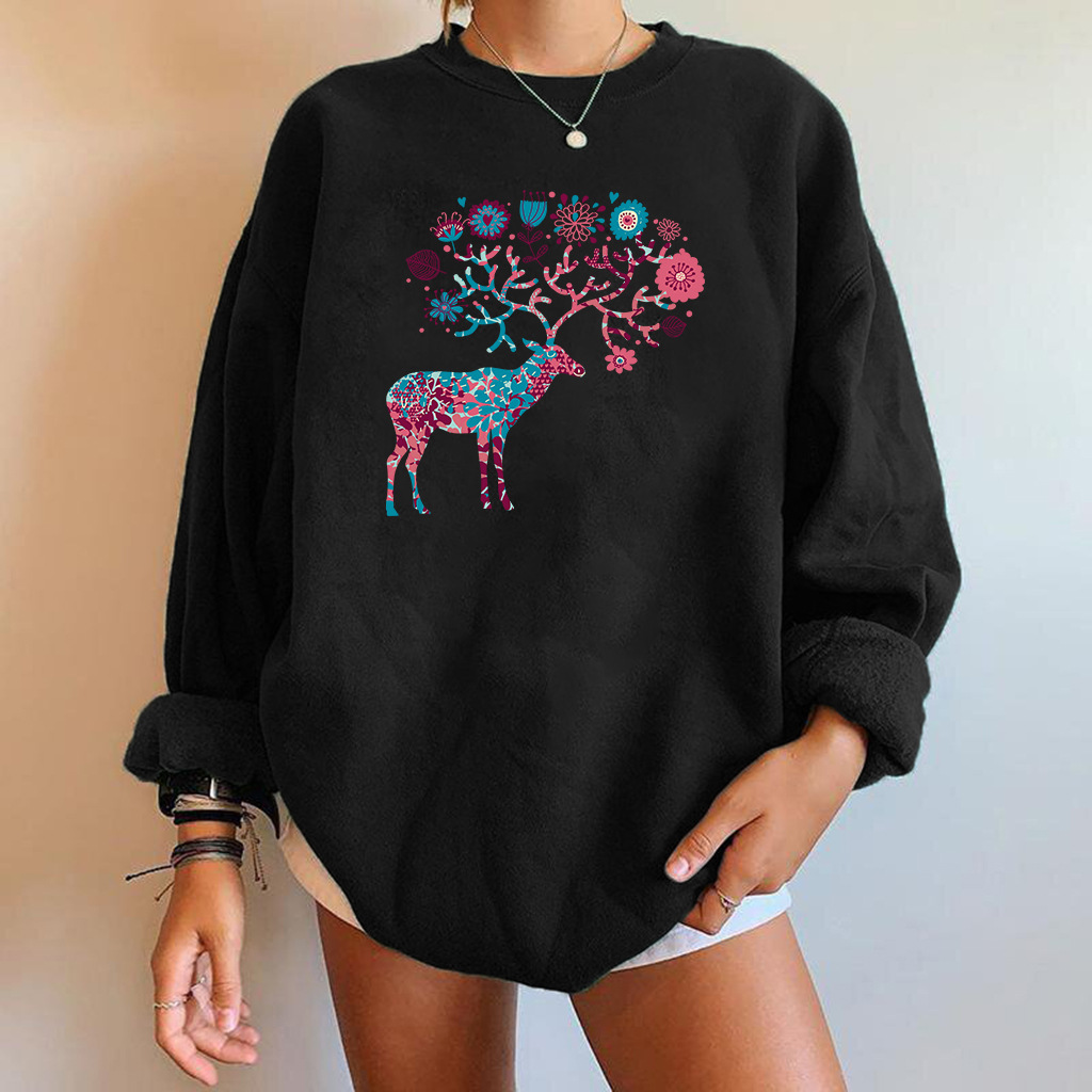 women s round neck dropped shoulder loose deer print fleece sweatershirt nihaostyles wholesale Christmas costumes NSYUM79729