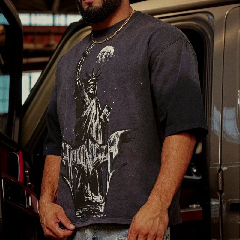 Youngla American Retro Men's Oversized T-Shirt Printed Street Hip-Hop Loose Jogger Sports Fitness Short Sleeves